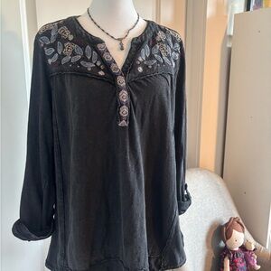 Style & Co. Black Blouse with Colorful Embroidery